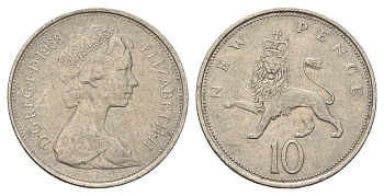 Великобритания 10 пенсов 1968 Елизавета II (1952-2022) KM 912, Spink 4231 (F1) медно-никель 4673-921
