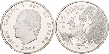Испания 10 евро 2004 M, расширение Евросоюза, карта Европы KM 1099 серебро PROOF 11-241-25
