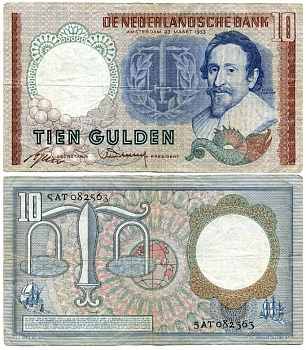 НИДЕРЛАНДЫ 10 ГУЛЬДЕНОВ 1953 АМСТЕРДАМ, 23 МАРТА 1953, ГУГО ГРОЦИЙ Pick 85 бумага 00-00