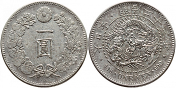 Япония 1 йена 1890 диаметр 38,1 мм, 23 год правление Императора Муцухито (Мэйдзи), Осака KM A25.3 серебро    00-809-51