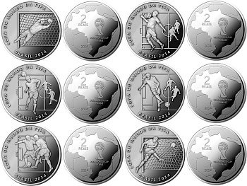 Бразилия набор из 6 монет по 2 реал 2014 Чемпионат мира по футболу в Бразилии KM 691, 692, 693, 694, 695, 696 медно-никель  UNC  M71-18