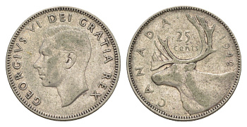Канада 25 центов 1949 Георг V (1910-1936), олень KM 44 серебро 73-1337