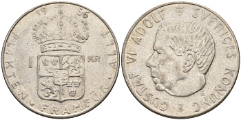 Швеция 1 крона 1956 TS, Густав VI Адольф (1950-1973) KM 826 серебро 4148-1154