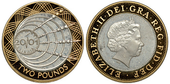 Великобритания 2 фунта 2001 Елизавета II (1952-2022), столетие трансатлантическому радио KM 1014a, Spink 4572 (K11) серебро PROOF 603-1322