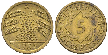 Германия 5 рейхспфеннигов 1935 A KM 39 алюминиевая бронза UNC 4617-339