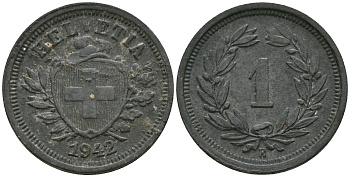 Швейцария 1 раппен 1942 В KM 3а цинк 08-1324