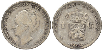 Нидерландское Кюрасао 1 гульден 1944 D, Вильгельмина (1890-1948) KM 45 серебро 36-556