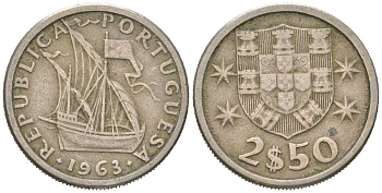 Португалия 2,5 эскудо 1963 парусник KM 590 медно-никель 4618-158