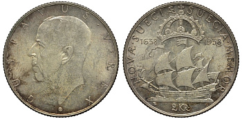 Швеция 2 кроны 1938 G, Густав V (1907-1950), 300 лет шведским поселениям в Делавере KM 807 серебро 4111-1235