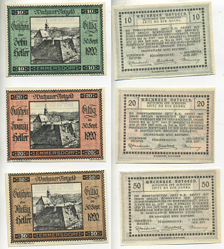 АВСТРИЯ, ВАЧАУ НАБОР ИЗ 3 БАНКНОТ 1920 30 СЕНТЯБРЯ 1920, НОТГЕЛЬД, ЭММЕРСДОРФ, 10, 20, 50 ГЕЛЛЕРОВ, ВТОРОЙ ВЫПУСК. SPITZ am der DONAU бумага XF 70-4-4