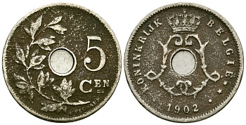 Бельгия 5 сантимов 1902 Belgie KM 47 медно-никель 4173-114