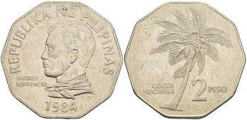 ФИЛИППИНЫ 2 ПИСО 1984 КОКОСОВАЯ ПАЛЬМА, АНДРЕС БОНИФАСИО KM 244 медно-никель 4542-844