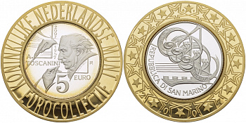 Сан-Марино 5 евро 2007 дирижер Артуро Тосканини, евроколлекция Нидерландского монетного двора KM 474 серебро PROOF 1068-8-31