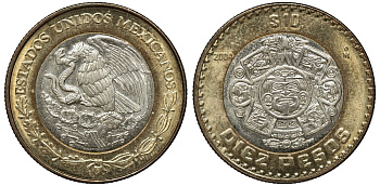 Мексика 10 песо 2004 Мо, бог Тонатиуха с огненной маской KM 616 биметалл UNC 4367-1113