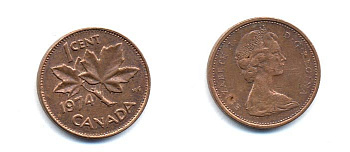 Канада 1 цент 1974 Елизавета II (1952-2022), кленовый лист KM 59.1 бронза 4379-822