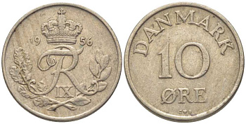 ДАНИЯ 10 ЭРЕ 1956 C;S, ФРЕДЕРИК IX (1947-1972) KM 841,2 медно-никель 201-1216