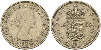 Великобритания 1 шиллинг 1955 Елизавета II (1952-2022), Английский герб KM 904, Spink 4147 медно-никель 4402-1231