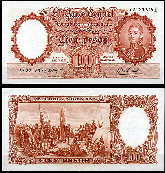 Аргентина 100 песо ND (1967-1969) Генерал Сан Мартин, картина "Основание Буэнос-Айреса" Pick 272 (10)  бумага  аUNC  444-133-3-2