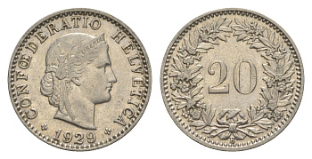 Швейцария 20 раппенов 1929 B KM 29 никель 4625-931