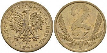 ПОЛЬША 2 ЗЛОТЫХ 1984 MW KM 80.1 латунь 4532-122