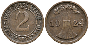 ГЕРМАНИЯ 2 РЕНТЕНПФЕННИГА 1924 D KM 31, J. 307 бронза 24-637