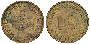 ФРГ 10 пфеннигов 1950 J KM 108, J. 383 сталь плакированная латунью 4132-537