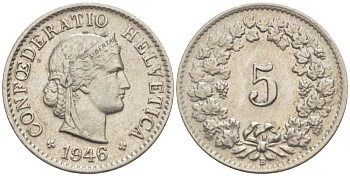 ШВЕЙЦАРИЯ 5 РАППЕНОВ 1946 В KM 26 медно-никель 4532-942