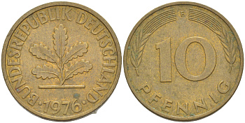 ФРГ 10 ПФЕННИГОВ 1976 F KM 108, J. 383 сталь плакированная латунью 4182-846