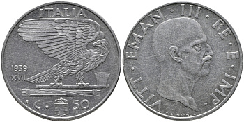 ИТАЛИЯ 50 ЧЕНТЕЗИМО 1939 R, ВИКТОР ИМАНУИЛ, XVII ГОД, НЕМАГНИТНАЯ KM 76а нержавеющая сталь 87-612