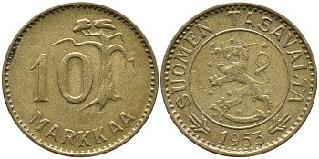 ФИНЛЯНДИЯ 10 МАРОК 1953 Н KM 38 алюминиевая бронза 100-437