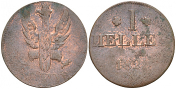 Франкфурт 1 геллер 1821 GB AKS 30, Jaeger 10, KM 301 медь 73-623