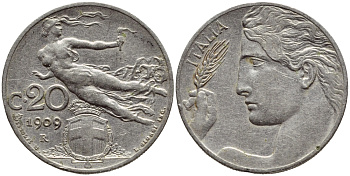Италия 20 чентезимо 1909 R, Виктор Эммануил III (1900-1946) KM 44 никель 4398-222