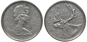 Канада 25 центов 1974 олень карибу, Елизавета II (1952-) KM 62b никель 4128-645