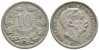 Люксембург 10 сантимов 1901 герцог Адольф (1890-1905) KM 25 медно-никель 259-512