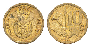 ЮАР 10 центов 2007 герб, цветок алоэ KM 341 сталь плакированная бронзой UNC 4621-1165