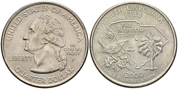 США 25 центов = квотер 2000 P, серия штаты США, Южная Каролина KM 307 медь плакированная медно-никелем 4586-134