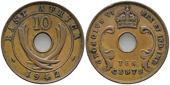 Британская Восточная Африка 10 центов 1942 Георг VI (1936-1952) KM 26.2 бронза 32-643
