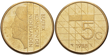 Нидерланды 5 гульденов 1988 Беатрикс (1980-2013) KM 210 никель плакированный бронзой 28-723