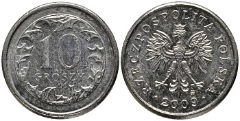 ПОЛЬША 10 ГРОШЕЙ 2009 MW KM 279 медно-никель 201-452