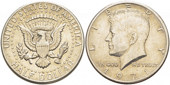 США 1/2 доллара (50 центов) 1971 Джон Кеннеди КМ 202b медь плакированная медно-никелем 51-4235