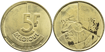 БЕЛЬГИЯ 5 ФРАНКОВ 1986 BELGIQUE KM 163 латунь или алюминевая бронза 4384-1022