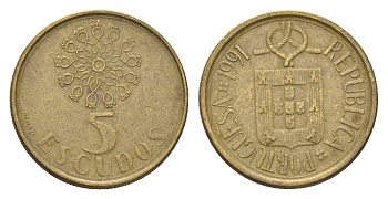 Португалия 5 эскудо 1991 KM 632 никель латунь 188-956