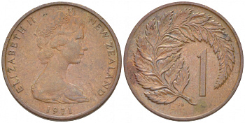 Новая Зеландия 1 цент 1971 Елизавета II (1952-2022), лист папоротника KM 31.1 бронза 214-513