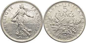 ФРАНЦИЯ 5 ФРАНКОВ 1992 СЕЯТЕЛЬ KM 925а.1, LE FRANC 341.25 медно-никель плакированный никелем 115-525