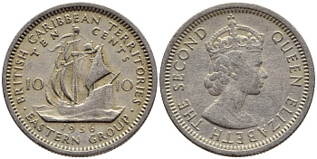 Британские Восточно-Карибские территории 10 центов 1956 Елизавета II (1952-2022), парусник KM 5 медно-никель 4387-433