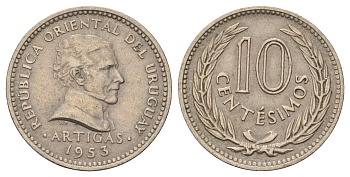 Уругвай 10 сентесимо 1953 KM 35 медно-никель 4172-341