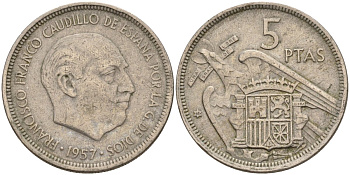 Испания 5 песет 1957 (68) Франсиско Франко (1939 - 1975) KM 786 медно-никель 4155-535