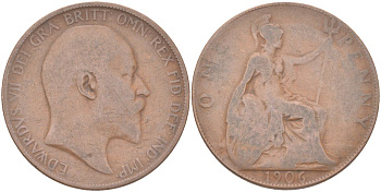 Великобритания 1 пенни 1906 Эдуард VII (1901-1910) KM 794.2, Spink 3990 бронза 4162-544