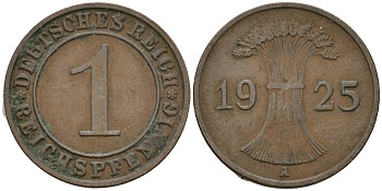 Германия 1 рейхспфенниг 1925 A KM 37, J. 313 бронза 4189-1113