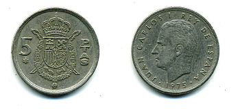 Испания 5 песет 1975 (78) Хуан Карлос I (1975-2014) KM 807 медно-никель 51-4436